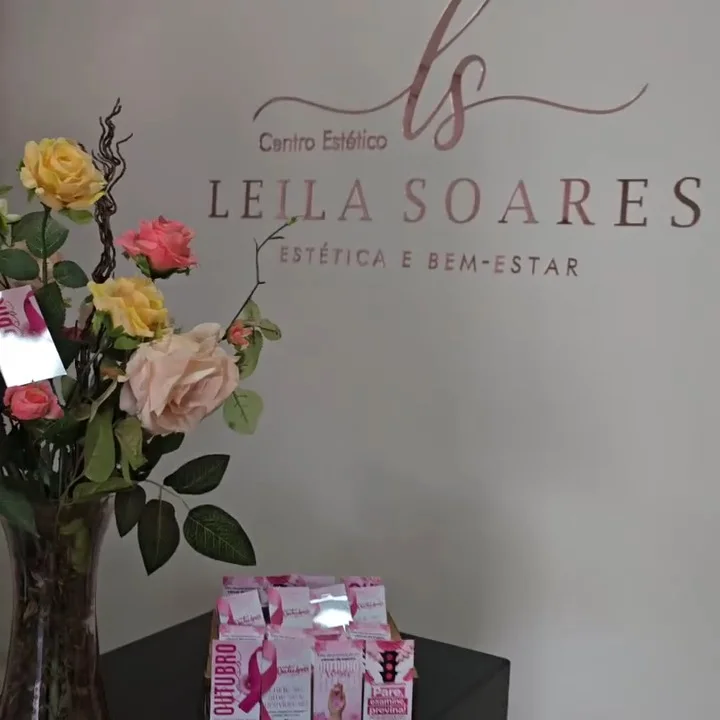 Balcão da recepção com uma caixa de cartões cor-de-rosa do Outubro Rosa, um vaso de flores e o nome Leila Soares na parede